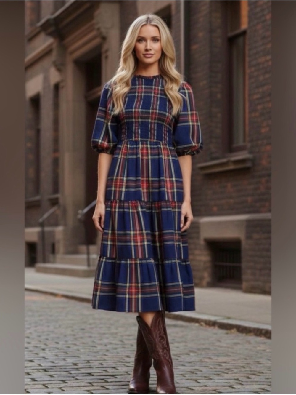 Sugarlips Navy Plaid Midi Dress with Puff Sleeves